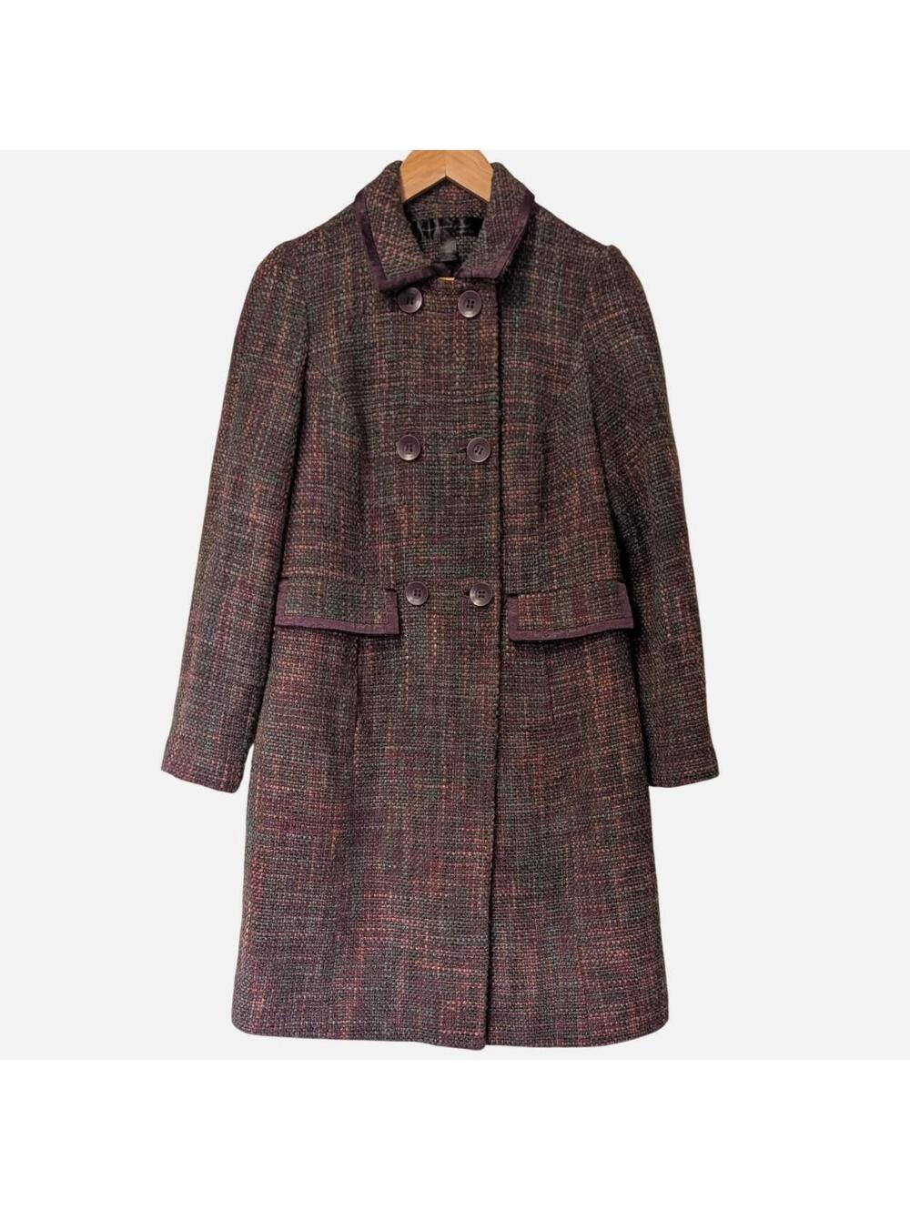Vintage Y2K Apostrophe Plum Tweed Double Breasted Coat Satin Trim Wool Medium